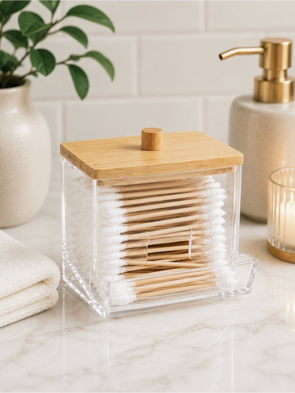 Clear Acrylic Cotton Swab Holder for Bathroom Organization w/ Bamboo Top EUC OBO